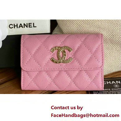 Chanel Gold-Tone Metal Logo Flap Card Holder AP3047 in Grained Calfskin Pink