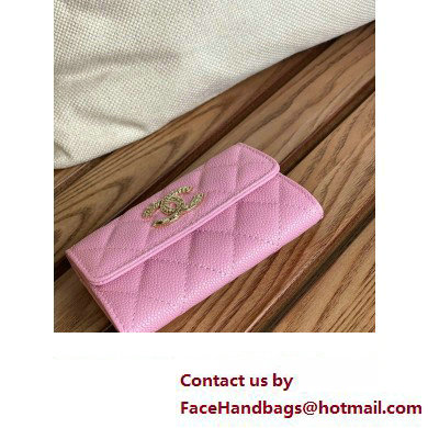 Chanel Gold-Tone Metal Logo Flap Card Holder AP3047 in Grained Calfskin Pink