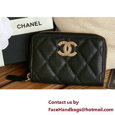 Chanel Gold-Tone Metal Logo Zip Card Holder AP3045 in Grained Calfskin Black - Click Image to Close