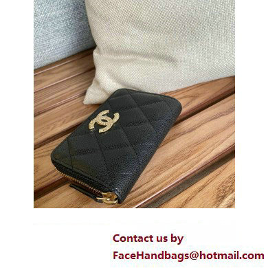 Chanel Gold-Tone Metal Logo Zip Card Holder AP3045 in Grained Calfskin Black