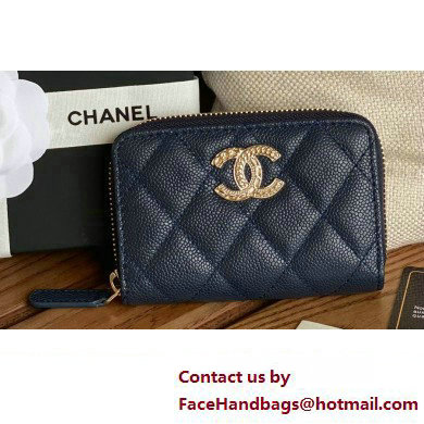 Chanel Gold-Tone Metal Logo Zip Card Holder AP3045 in Grained Calfskin Blue