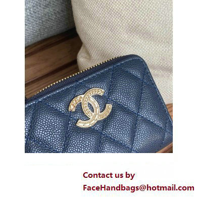 Chanel Gold-Tone Metal Logo Zip Card Holder AP3045 in Grained Calfskin Blue