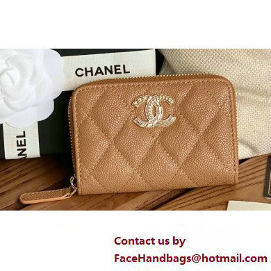 Chanel Gold-Tone Metal Logo Zip Card Holder AP3045 in Grained Calfskin Brown