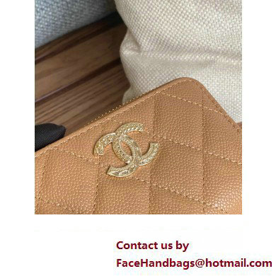 Chanel Gold-Tone Metal Logo Zip Card Holder AP3045 in Grained Calfskin Brown