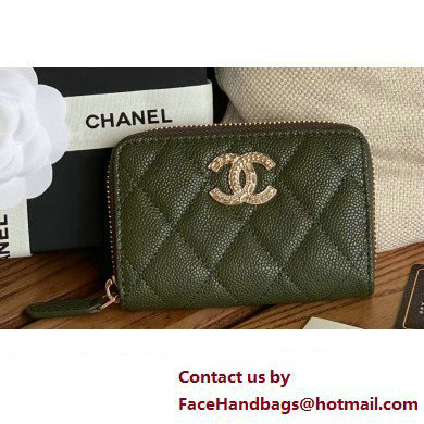 Chanel Gold-Tone Metal Logo Zip Card Holder AP3045 in Grained Calfskin Green