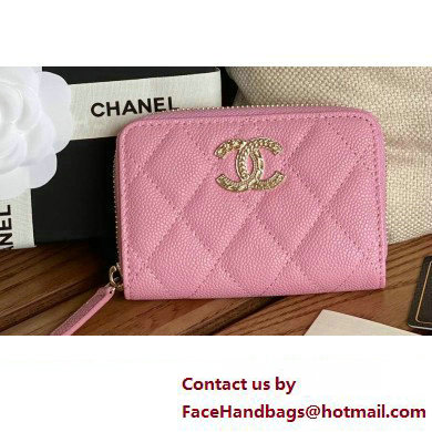 Chanel Gold-Tone Metal Logo Zip Card Holder AP3045 in Grained Calfskin Pink