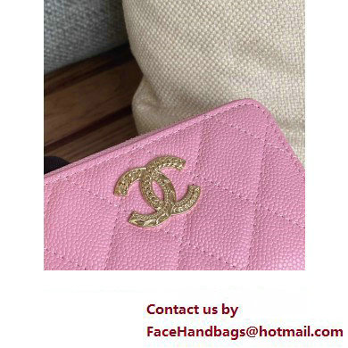 Chanel Gold-Tone Metal Logo Zip Card Holder AP3045 in Grained Calfskin Pink