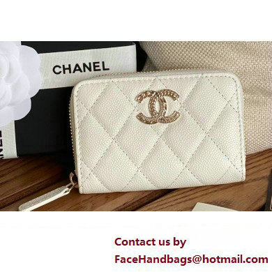 Chanel Gold-Tone Metal Logo Zip Card Holder AP3045 in Grained Calfskin White