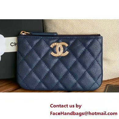 Chanel Gold-Tone Metal Logo Zip Card Holder AP3049 in Grained Calfskin Blue