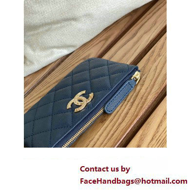 Chanel Gold-Tone Metal Logo Zip Card Holder AP3049 in Grained Calfskin Blue