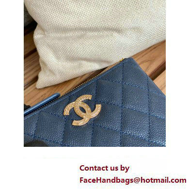 Chanel Gold-Tone Metal Logo Zip Card Holder AP3049 in Grained Calfskin Blue