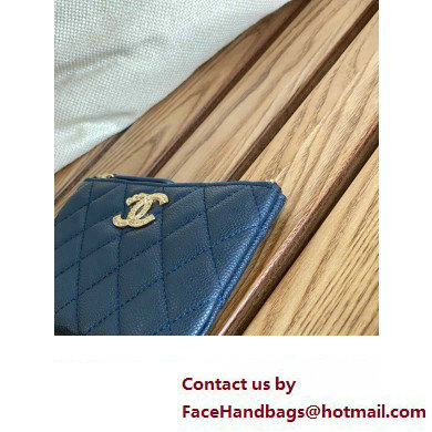 Chanel Gold-Tone Metal Logo Zip Card Holder AP3049 in Grained Calfskin Blue