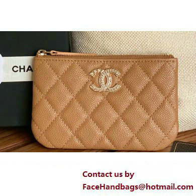 Chanel Gold-Tone Metal Logo Zip Card Holder AP3049 in Grained Calfskin Brown