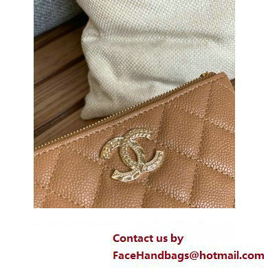 Chanel Gold-Tone Metal Logo Zip Card Holder AP3049 in Grained Calfskin Brown