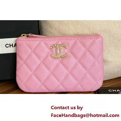 Chanel Gold-Tone Metal Logo Zip Card Holder AP3049 in Grained Calfskin Pink