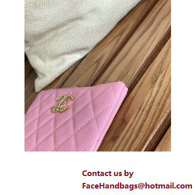 Chanel Gold-Tone Metal Logo Zip Card Holder AP3049 in Grained Calfskin Pink