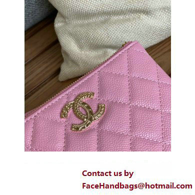 Chanel Gold-Tone Metal Logo Zip Card Holder AP3049 in Grained Calfskin Pink