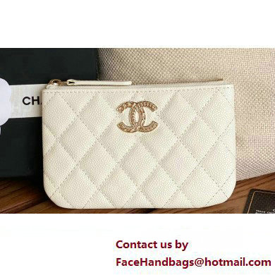 Chanel Gold-Tone Metal Logo Zip Card Holder AP3049 in Grained Calfskin White