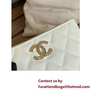 Chanel Gold-Tone Metal Logo Zip Card Holder AP3049 in Grained Calfskin White