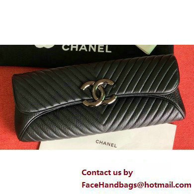 Chanel Leather Chevron Pouch Clutch Bag Black 2023