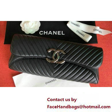 Chanel Leather Chevron Pouch Clutch Bag Black 2023