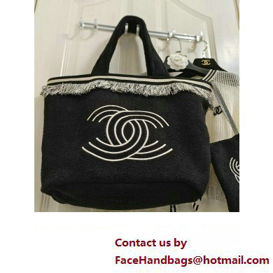 Chanel Towel Cloth Beach Tote Bag with Fringe black 2024