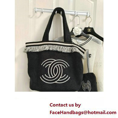 Chanel Towel Cloth Beach Tote Bag with Fringe black 2024