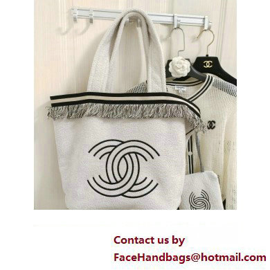 Chanel Towel Cloth Beach Tote Bag with Fringe white 2024