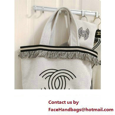 Chanel Towel Cloth Beach Tote Bag with Fringe white 2024