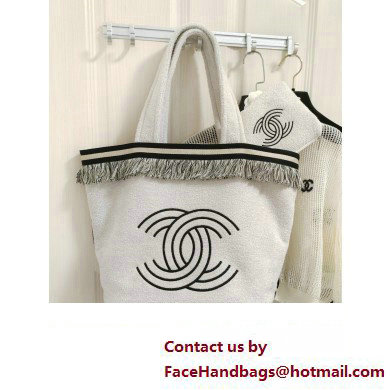 Chanel Towel Cloth Beach Tote Bag with Fringe white 2024