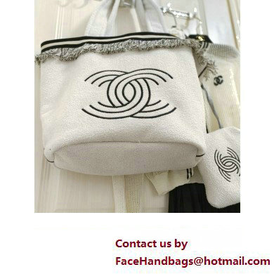 Chanel Towel Cloth Beach Tote Bag with Fringe white 2024