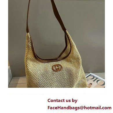 Cheap Sale Gucci Raffia Straw and Leather Tote bag Beige 2024