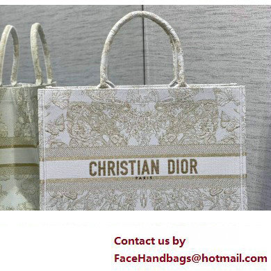 Dior Large Book Tote Bag in Gold-tone and White Butterfly Around The World Embroidery - Click Image to Close