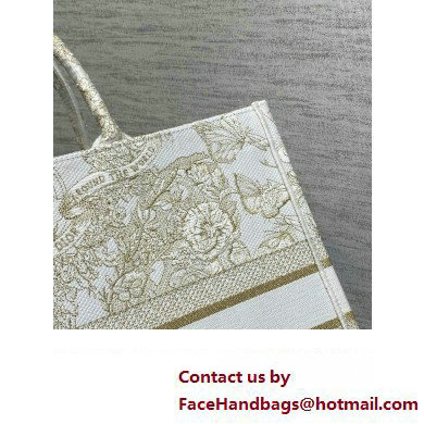 Dior Large Book Tote Bag in Gold-tone and White Butterfly Around The World Embroidery