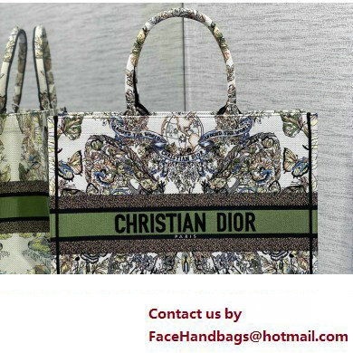 Dior Large Book Tote Bag in White and Green Butterfly Around The World Embroidery - Click Image to Close