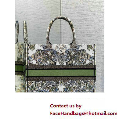 Dior Large Book Tote Bag in White and Green Butterfly Around The World Embroidery