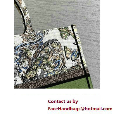 Dior Large Book Tote Bag in White and Green Butterfly Around The World Embroidery