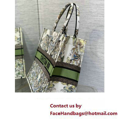 Dior Large Book Tote Bag in White and Green Butterfly Around The World Embroidery