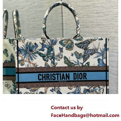 Dior Large Book Tote Bag in White and Pastel Midnight Blue Toile de Jouy Mexico Embroidery