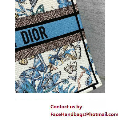 Dior Large Book Tote Bag in White and Pastel Midnight Blue Toile de Jouy Mexico Embroidery