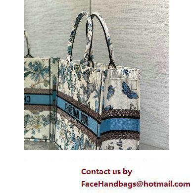 Dior Large Book Tote Bag in White and Pastel Midnight Blue Toile de Jouy Mexico Embroidery