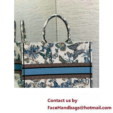 Dior Large Book Tote Bag in White and Pastel Midnight Blue Toile de Jouy Mexico Embroidery