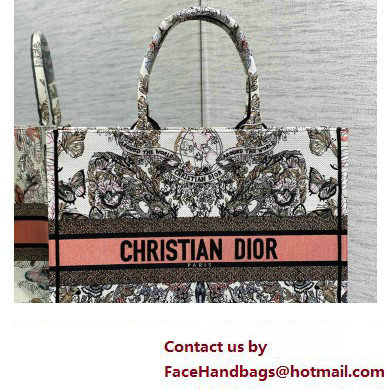 Dior Large Book Tote Bag in White and Pastel Pink Butterfly Around The World Embroidery