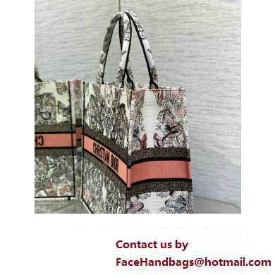 Dior Large Book Tote Bag in White and Pastel Pink Butterfly Around The World Embroidery