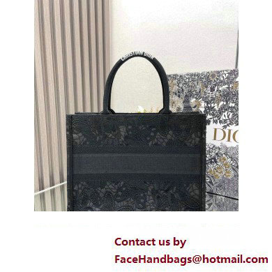 Dior Medium Book Tote Bag in Black D-Lace Butterfly Embroidery 2024