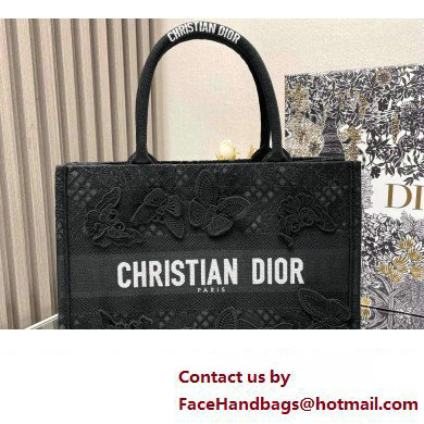 Dior Medium Book Tote Bag in Black D-Lace Butterfly Embroidery with 3D Macrame Effect 2024