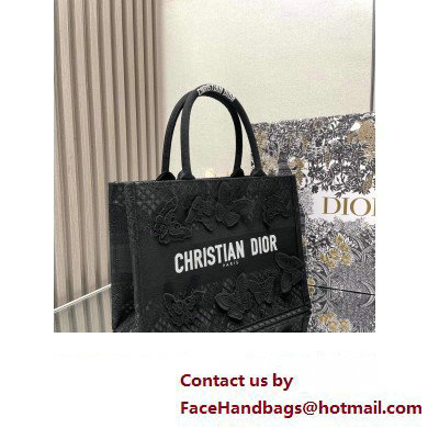 Dior Medium Book Tote Bag in Black D-Lace Butterfly Embroidery with 3D Macrame Effect 2024