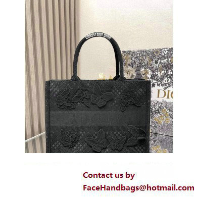 Dior Medium Book Tote Bag in Black D-Lace Butterfly Embroidery with 3D Macrame Effect 2024