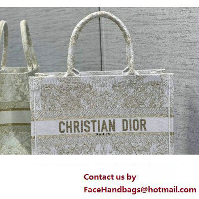 Dior Medium Book Tote Bag in Gold-tone and White Butterfly Around The World Embroidery