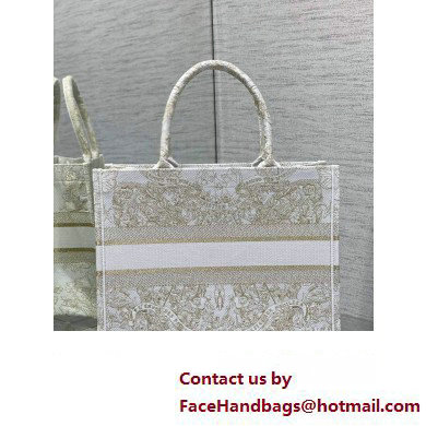 Dior Medium Book Tote Bag in Gold-tone and White Butterfly Around The World Embroidery